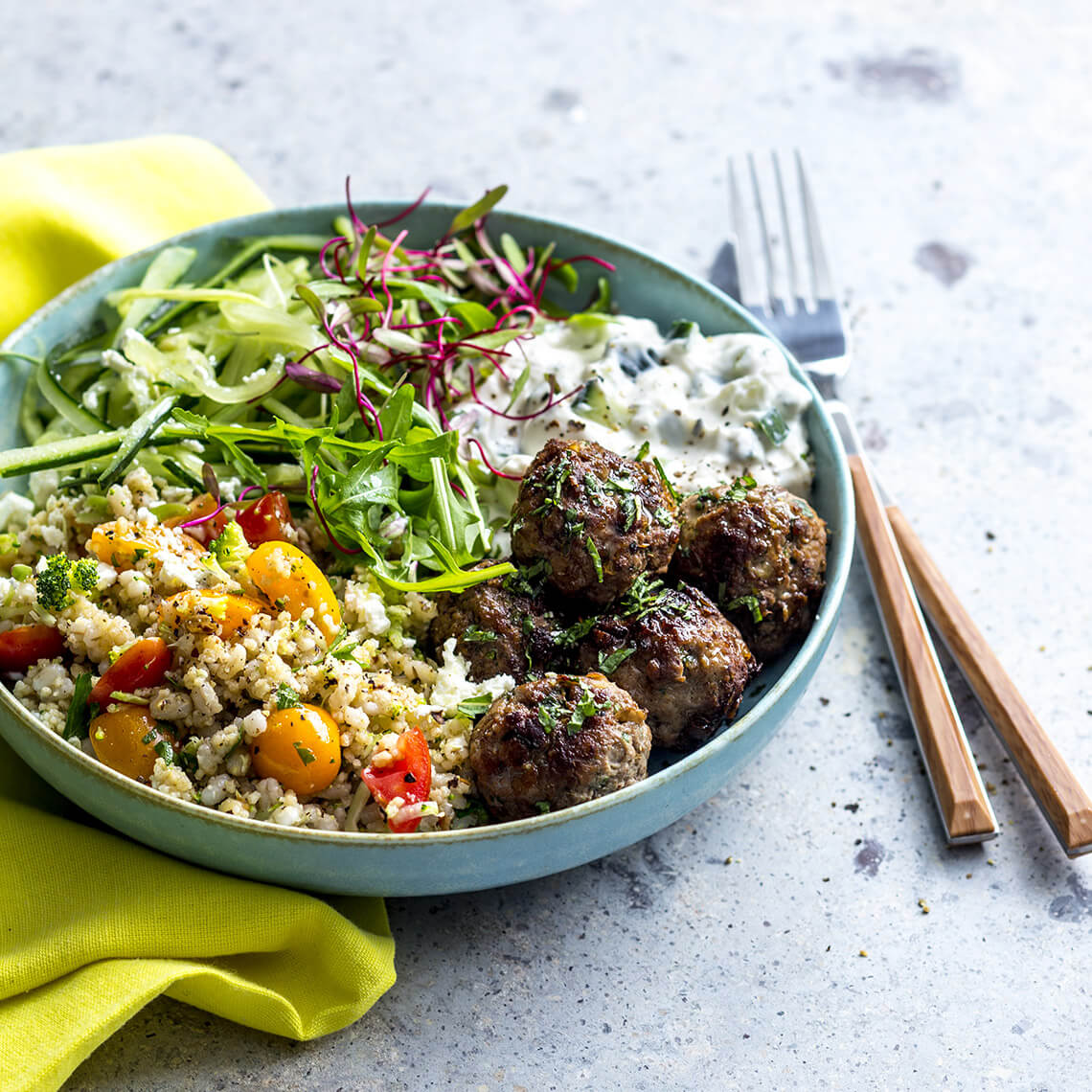 Barley and couscous tabbouleh with meatballs and tzatziki Recipes
